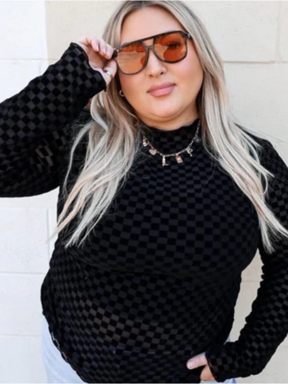 Fig & Ivy Black Checkerboard Velvet & Mesh Long Sleeve Top